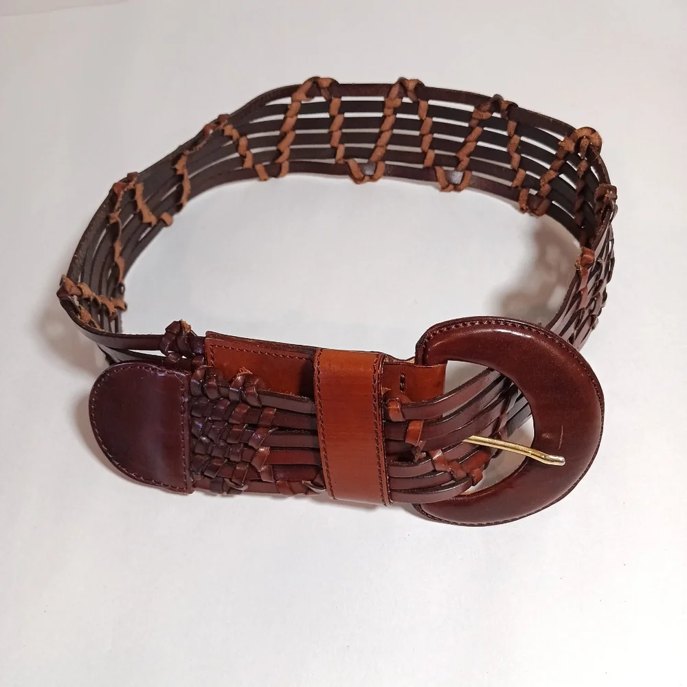 Pelletterie wide braided cognac leather belt made in italy vintage Size M